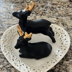 MCM Matte Black and Gold Deer Salt & Pepper Figurines